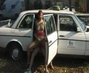 Nasty lady in full action outdoor at my taxi car from view full screen car sex with