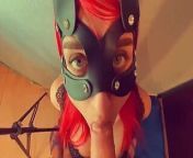 Gorgeous juicy blowjob from a beautiful girl in a cat mask with green eyes who likes to get sperm in her mouth from pj masks cat car
