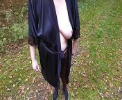 Whipping her tits in satin robe outside from forest outdoor open