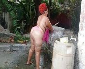 My whore stepmother takes a shower in the patio from black aunty takes a shower