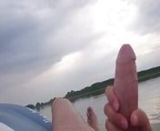 My wife jerks my cock with a happy ending in the inflatable boat on the lake from public beach massage ends with rough fuck
