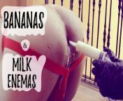 Extreme femdom milk enema stuffing bananas in his ass from milk enema