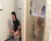 Fellow was sitting on the chair and became very lusty watching the girl in the shower from sholeo