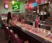 Waitress is having threesome sex with a chef and a busty customer from latina restaurant chef