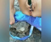 Masturbating on a public beach ends up jerking off to a stranger from vegetable inserts