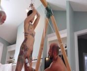 DSC9-4) Two men spank, paddle, flog and hard fuck a younger woman in bondage from two aunty small boy fugking