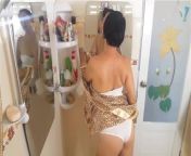 Try on haul underwear Nice lady in the shower room trying on a leopard robe and white linen. from la beastia nello spagio